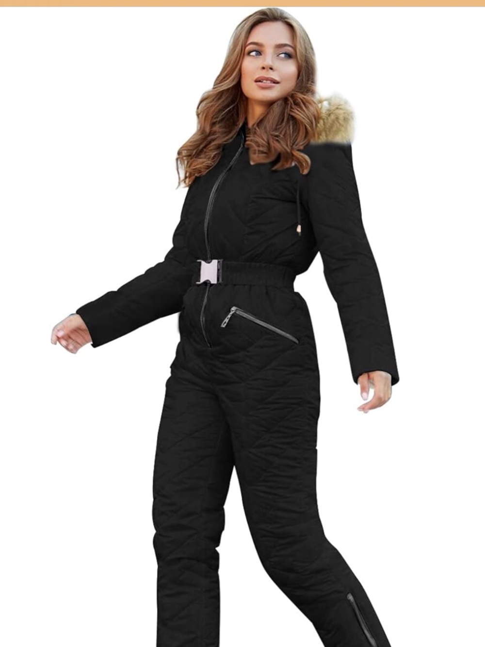 NWOT Yousify Womens Winter Ski Suit  Hooded Fur Collar Snowsuit Black Small